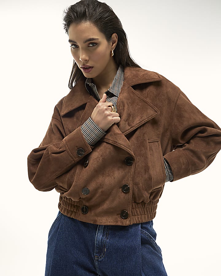 marrone finta pelle scamosciata È sceso bomber jacket