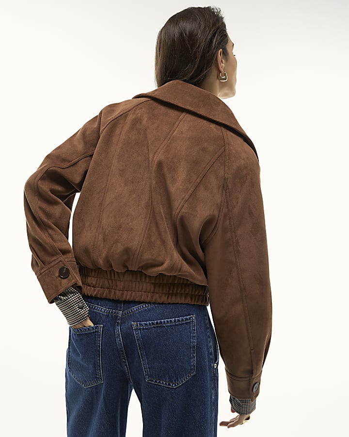 marrone finta pelle scamosciata È sceso bomber jacket