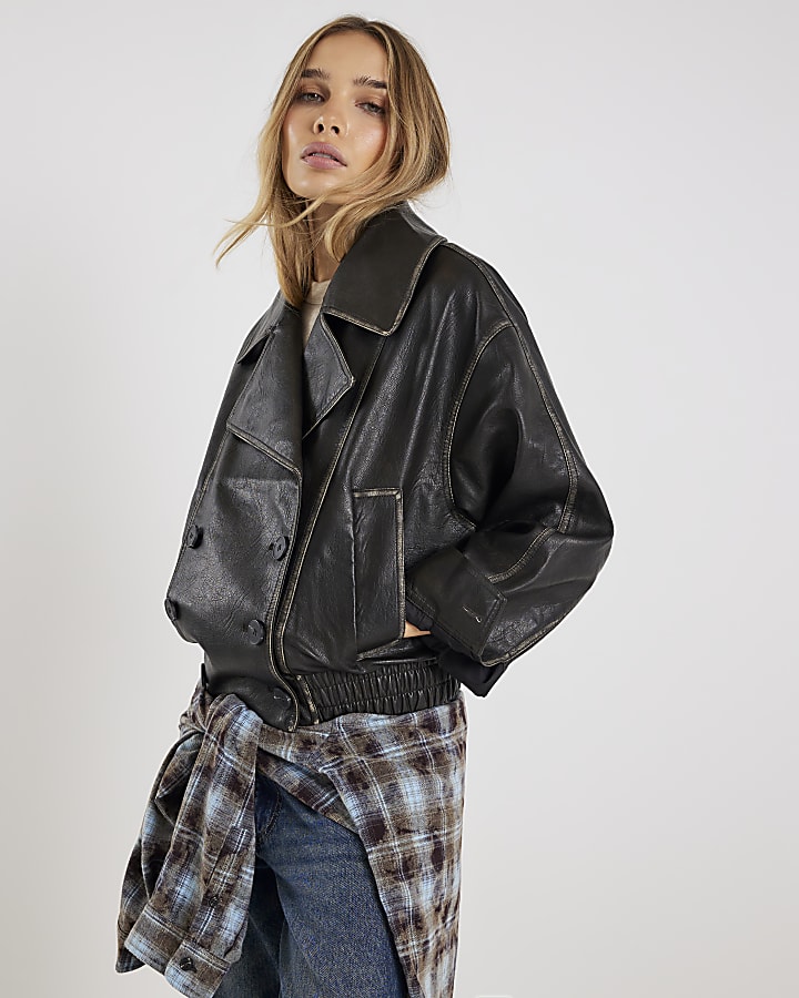 nero faux leather bomber jacket