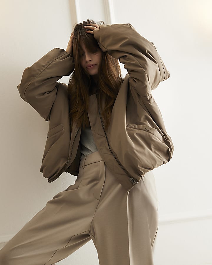 marrone oversize orlo bolla bomber jacket