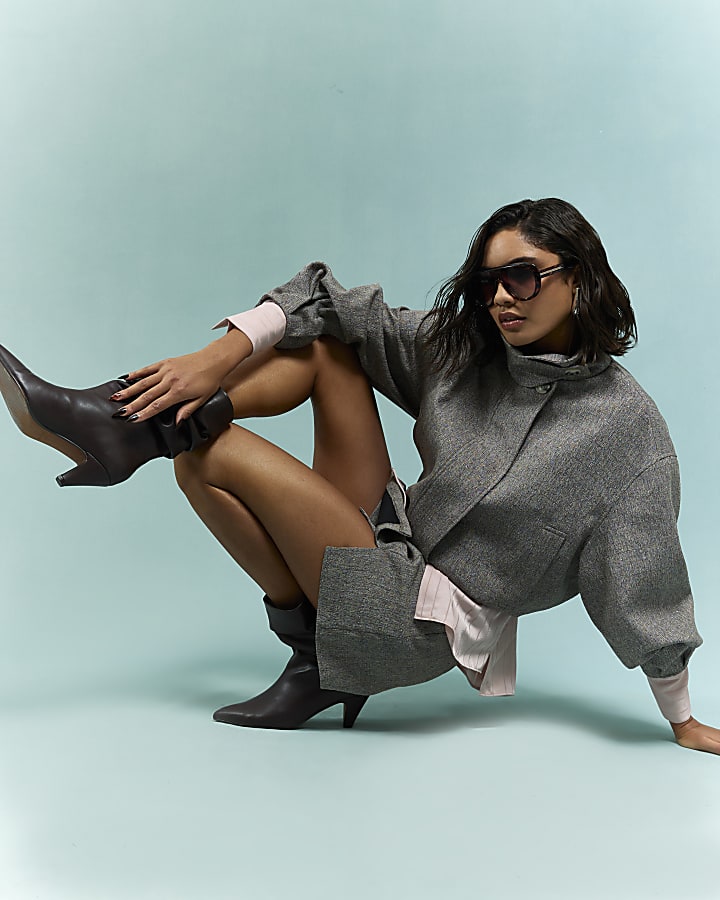 marrone collo a orlo bolla bomber jacket