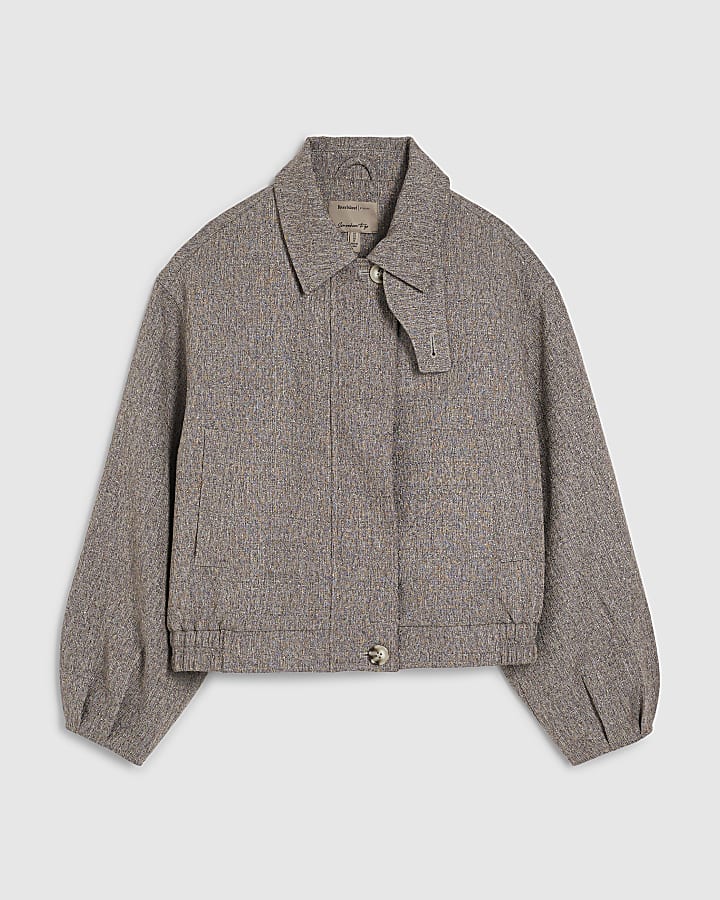 marrone collo a orlo bolla bomber jacket