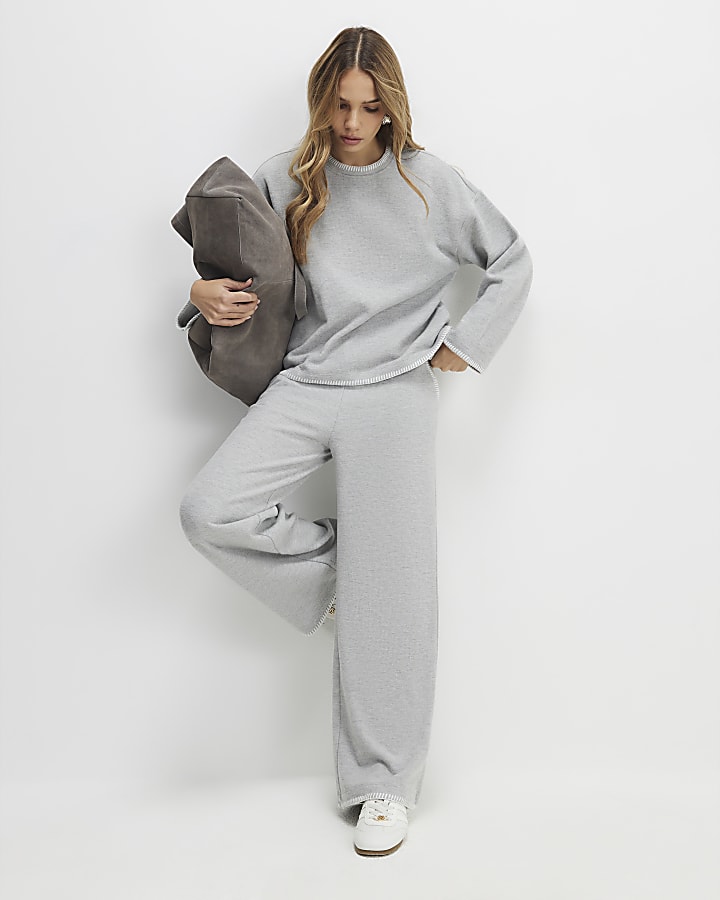 grigio accogliente whipstitch gamba larga jogging