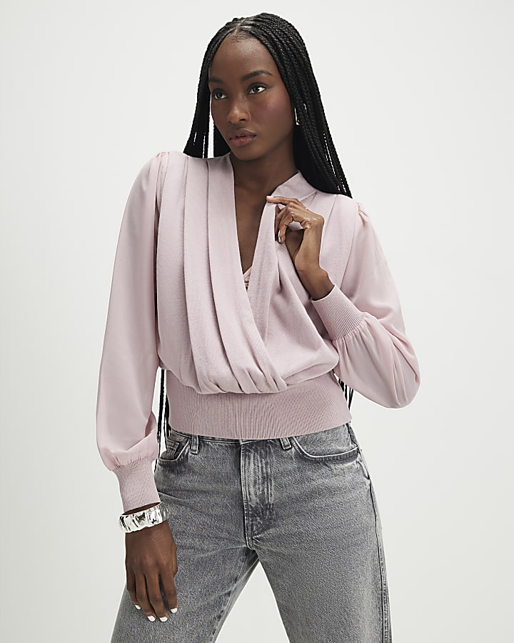 rosa maglia ibrido top a manica lunga