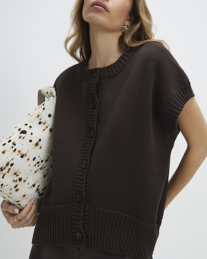 marrone maglia senza maniche orlo a costine tank top