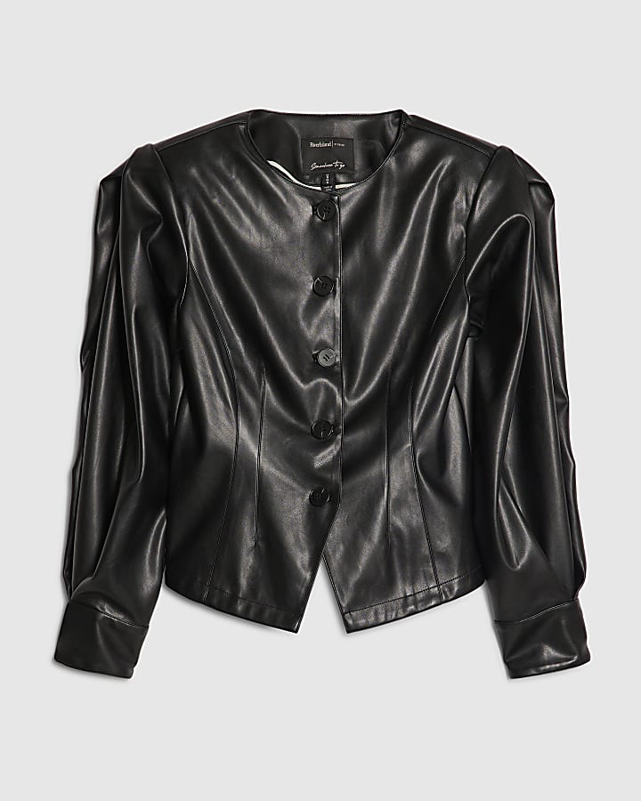 nero finta pelle senza colletto montato shirt