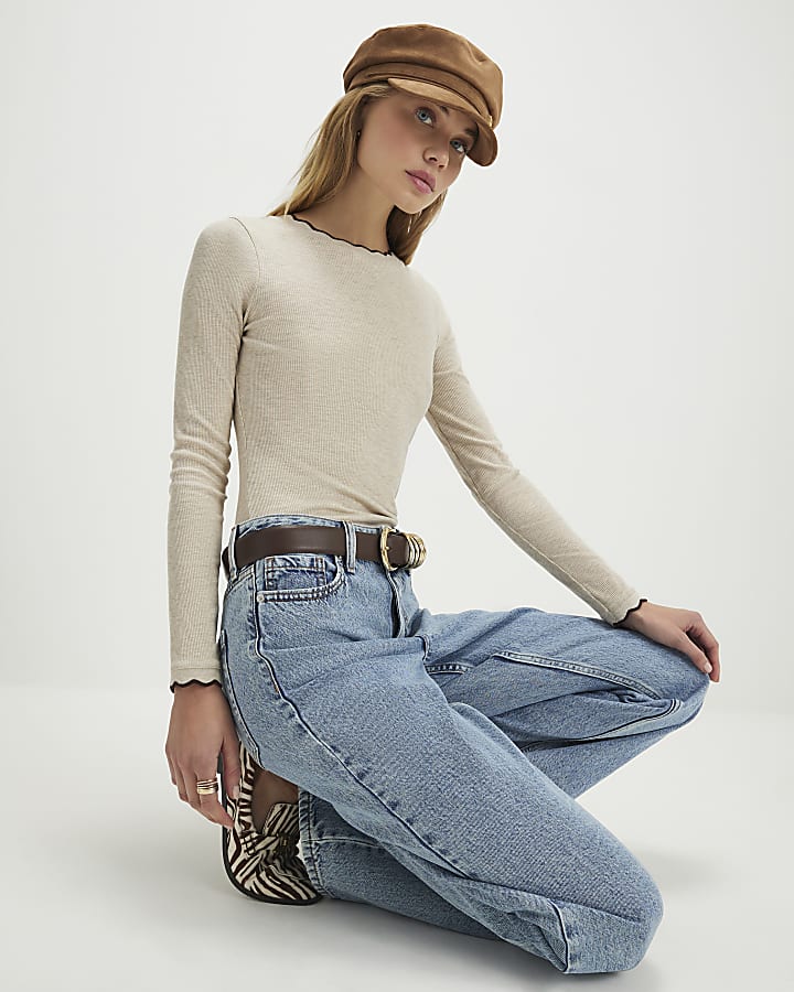 beige pettine trim long sleeve top