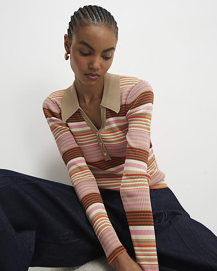 rosa maglia a righe a maniche lunghe polo top