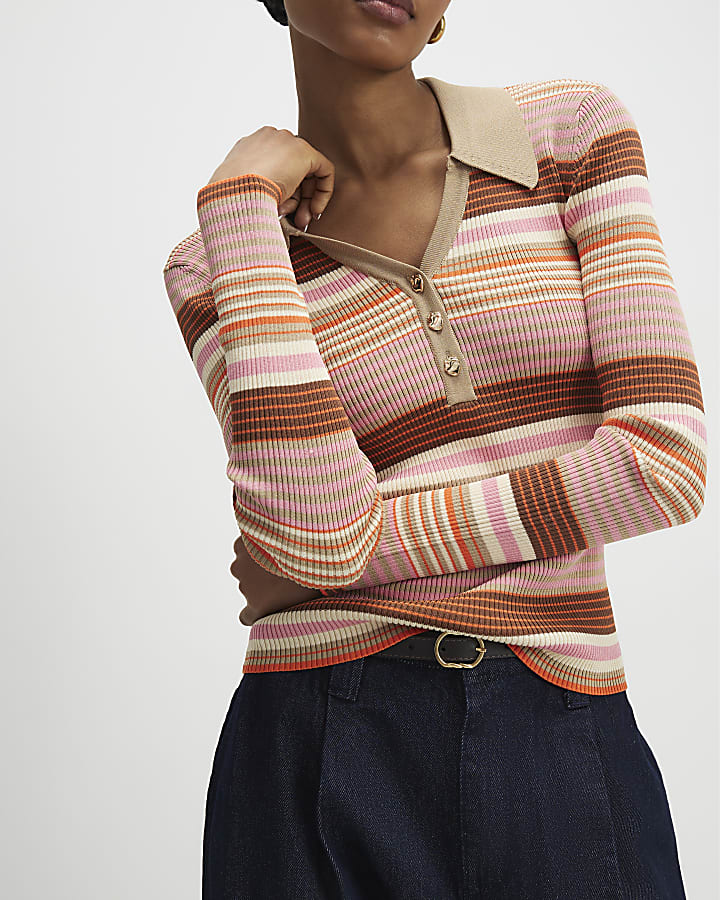 rosa maglia a righe a maniche lunghe polo top