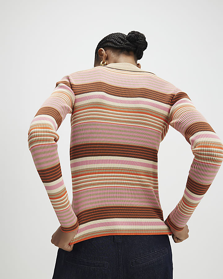 rosa maglia a righe a maniche lunghe polo top
