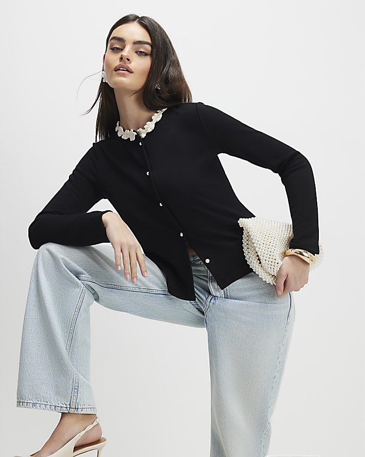nero manica lunga fiore trim top