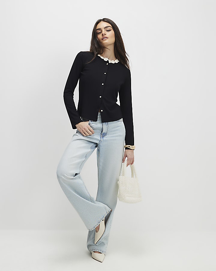nero manica lunga fiore trim top