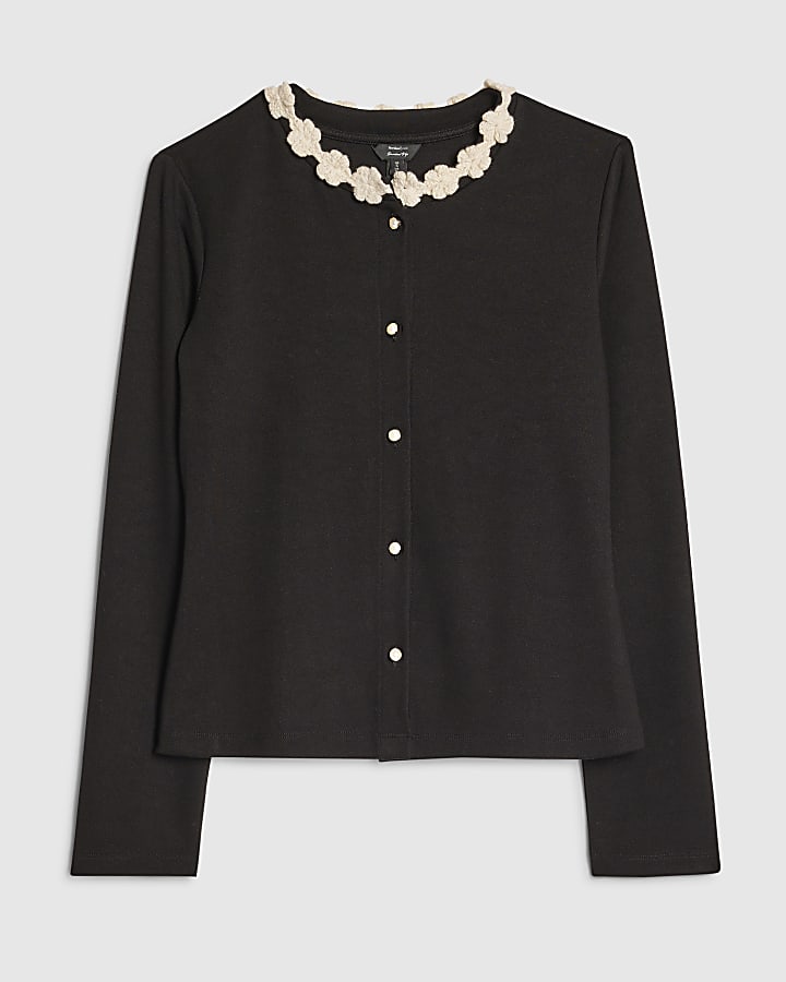 nero manica lunga fiore trim top