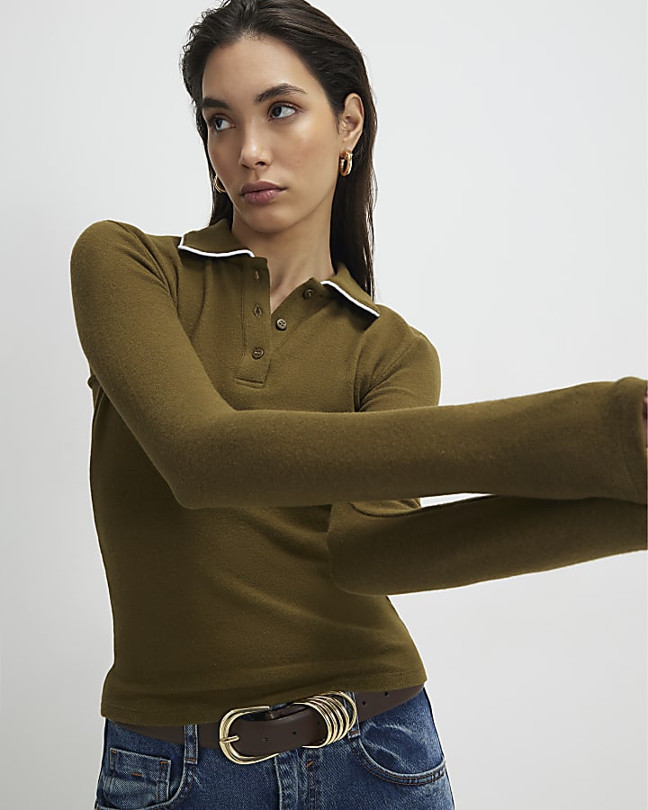kaki a maniche lunghe accogliente tipped polo shirt
