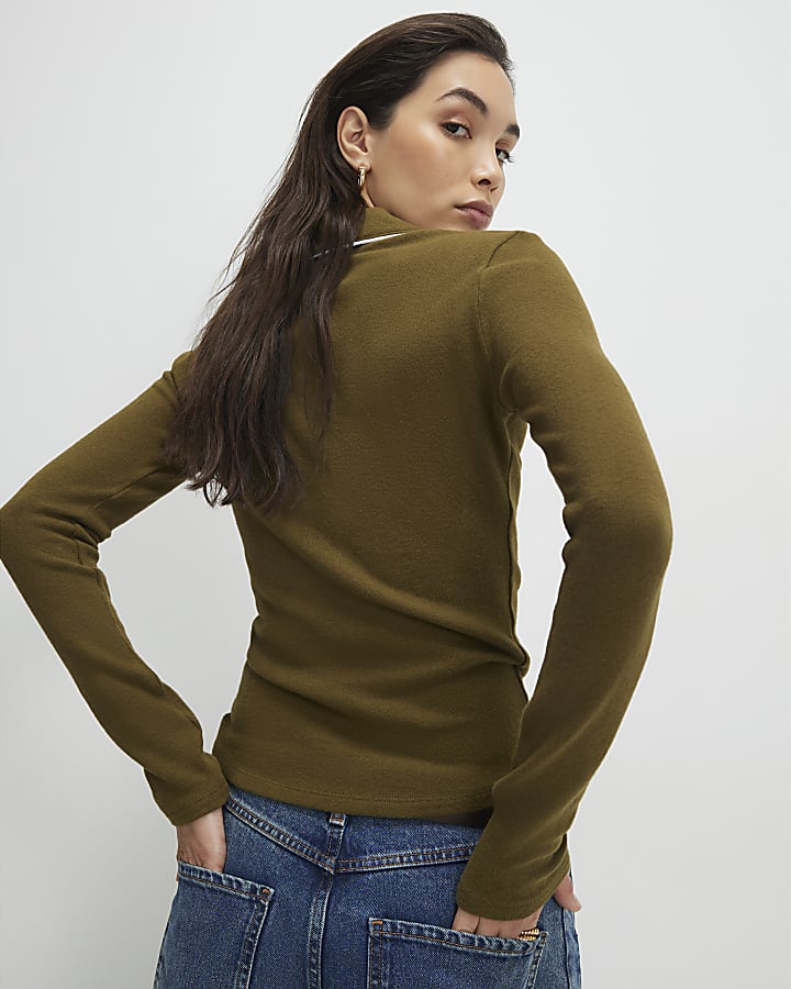 kaki a maniche lunghe accogliente tipped polo shirt
