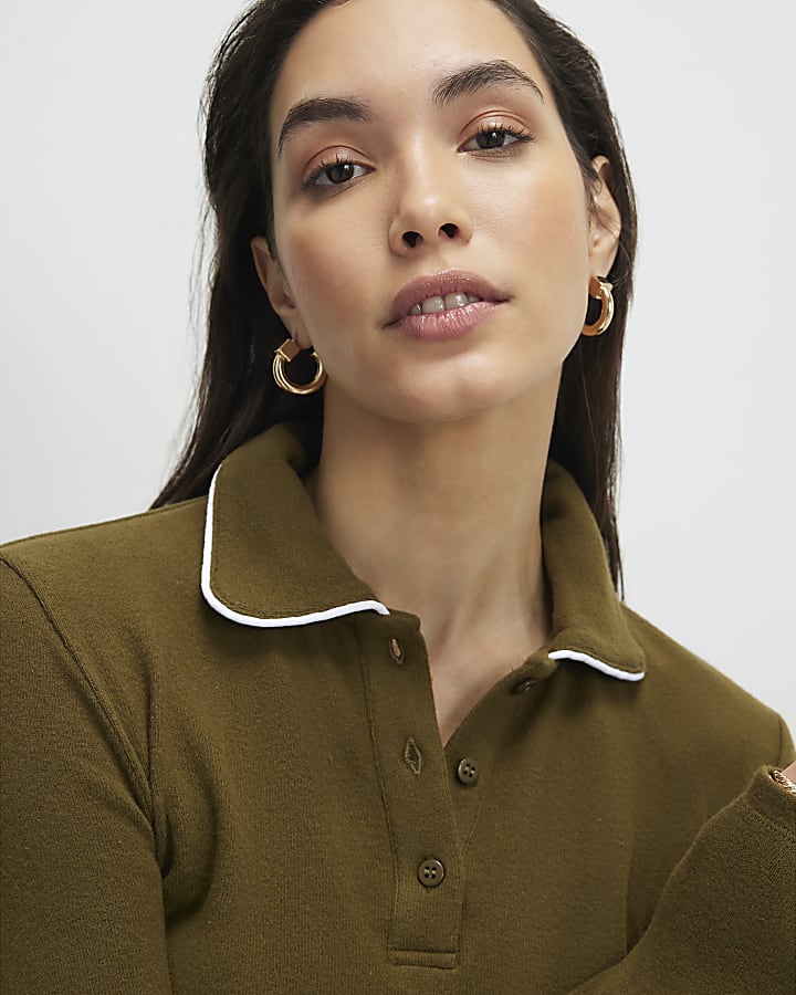 kaki a maniche lunghe accogliente tipped polo shirt