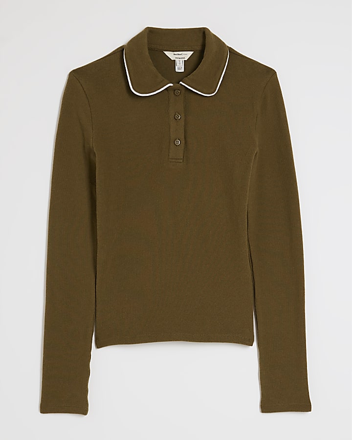 kaki a maniche lunghe accogliente tipped polo shirt