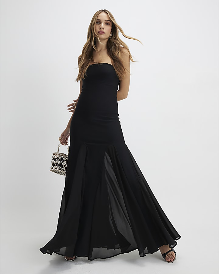nero aderente gonna a godet maxi dress