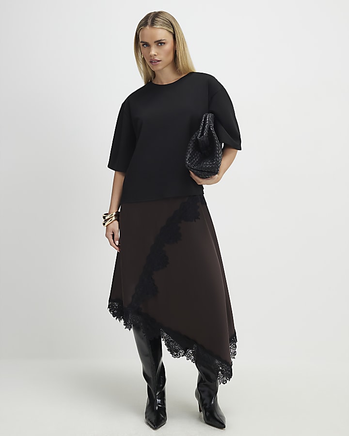 petite marrone pizzo hybrid t-shirt maxi dress