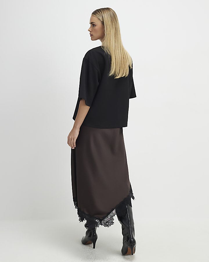 petite marrone pizzo hybrid t-shirt maxi dress
