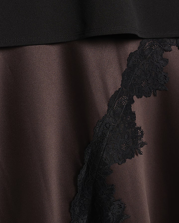 petite marrone pizzo hybrid t-shirt maxi dress