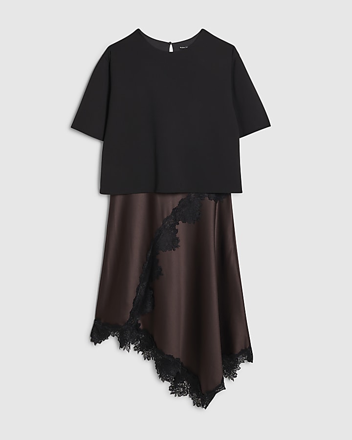 petite marrone pizzo hybrid t-shirt maxi dress