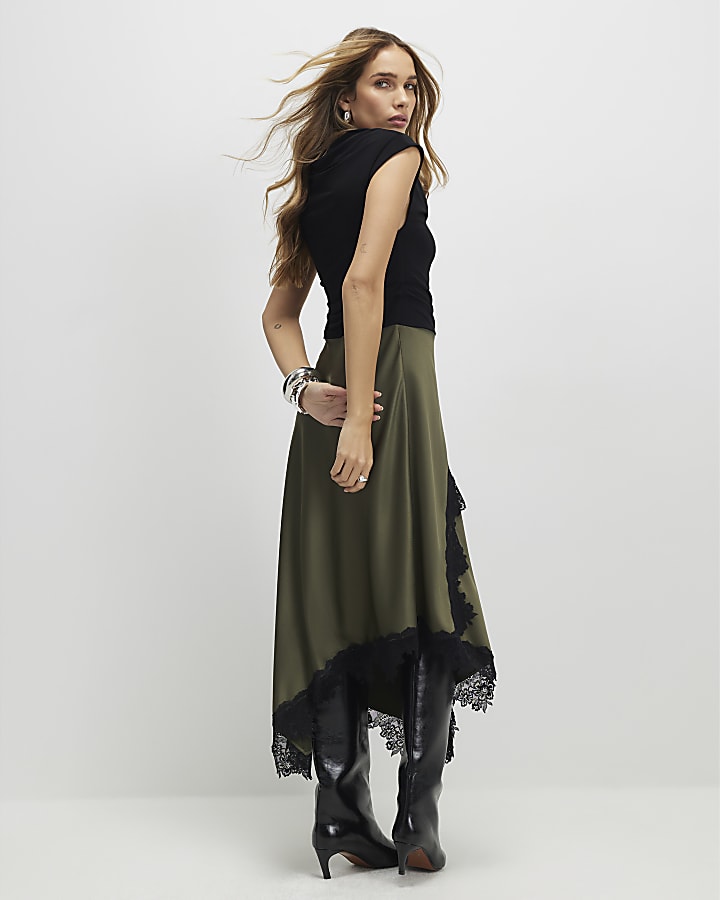 khaki pizzo ibrido drappo maxi dress
