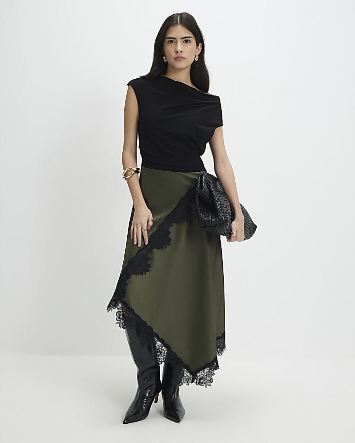 petite khaki pizzo ibrido drappo maxi dress