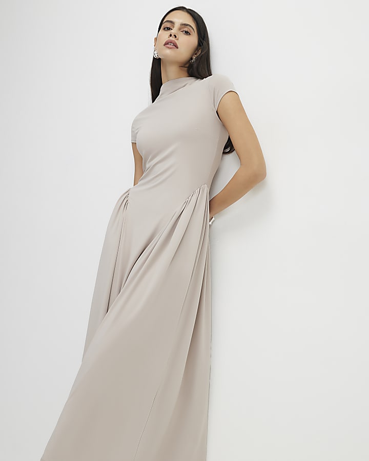 beige manica corta sciancrata maxi dress