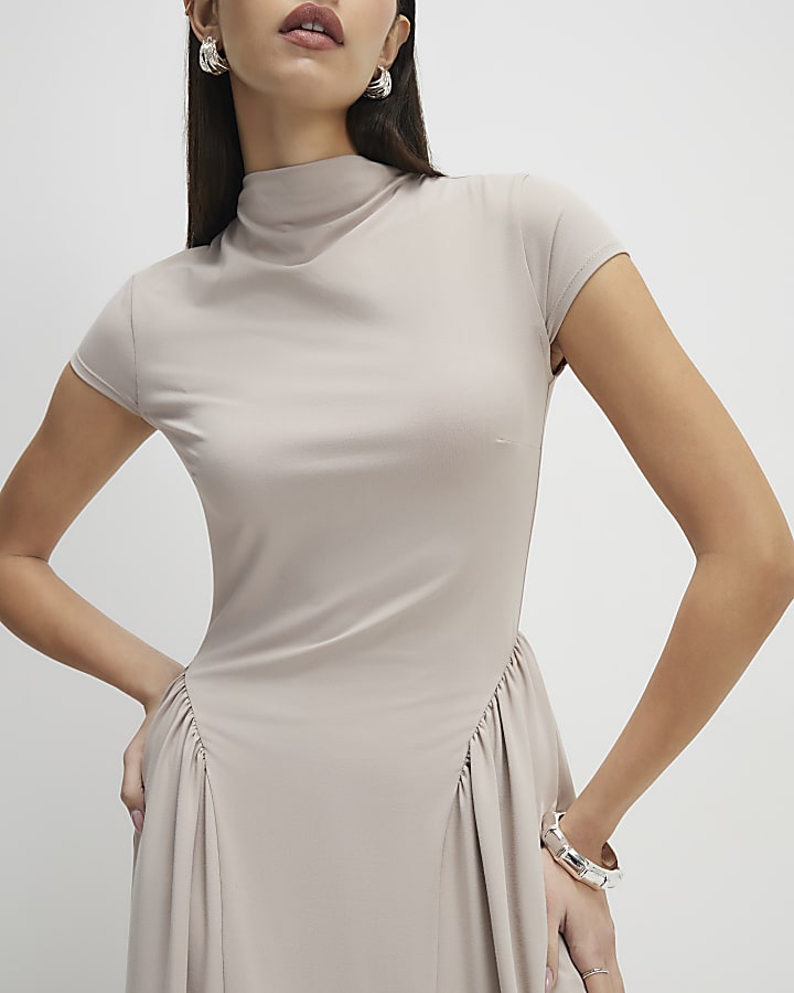 beige manica corta sciancrata maxi dress