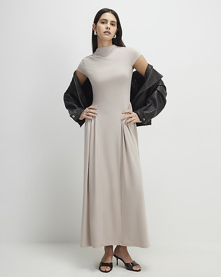 beige manica corta sciancrata maxi dress