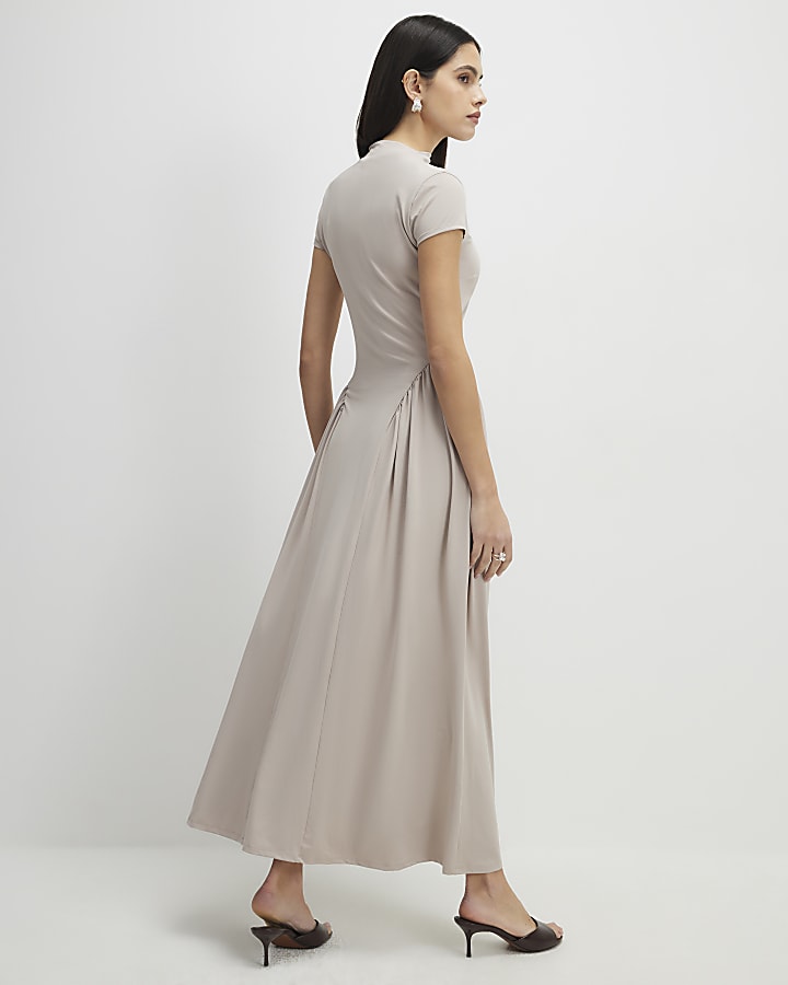 beige manica corta sciancrata maxi dress