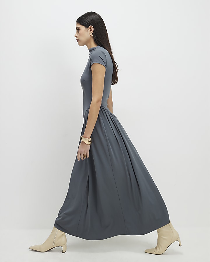grigio manica corta sciancrata maxi dress