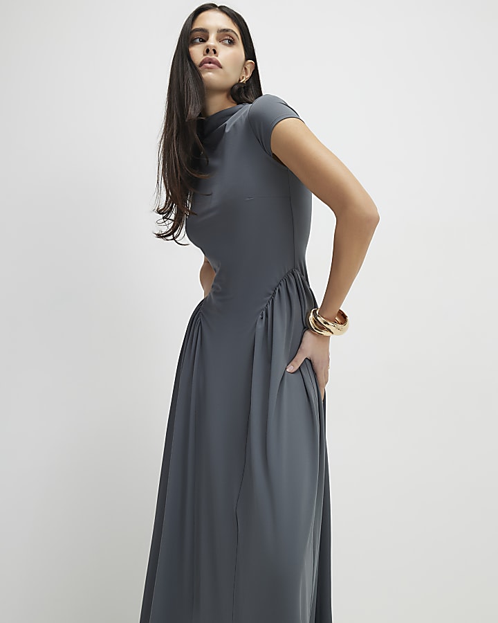 grigio manica corta sciancrata maxi dress