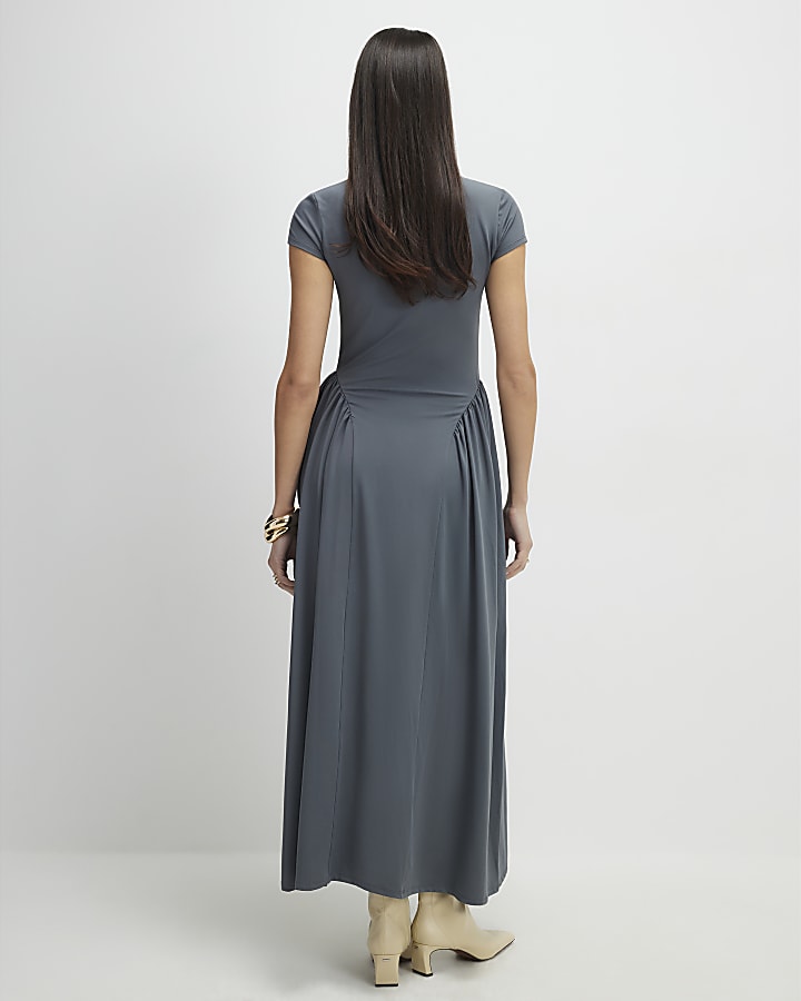 grigio manica corta sciancrata maxi dress