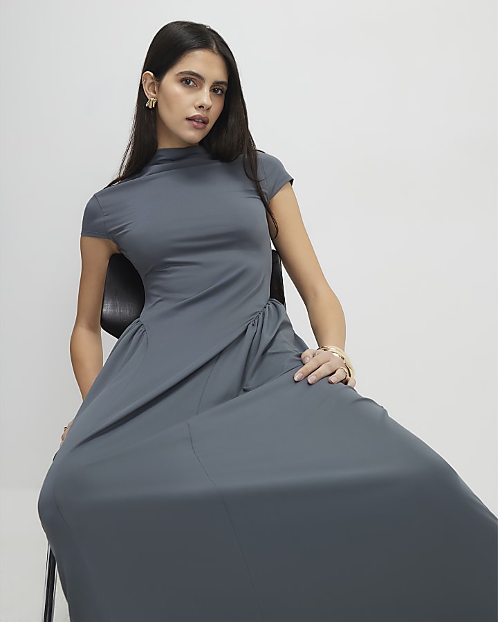 grigio manica corta sciancrata maxi dress