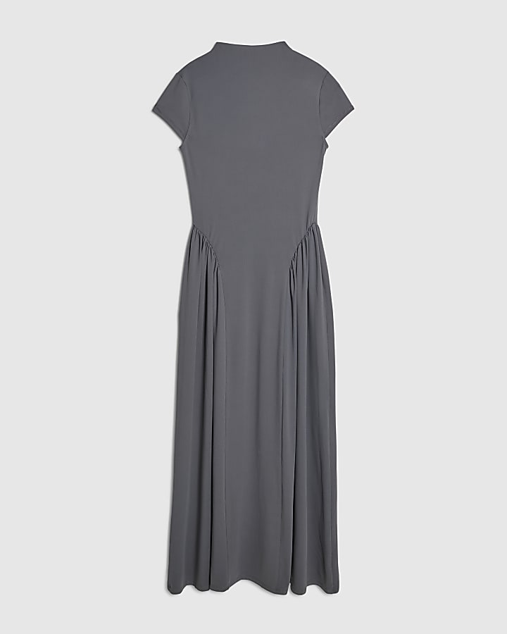 grigio manica corta sciancrata maxi dress