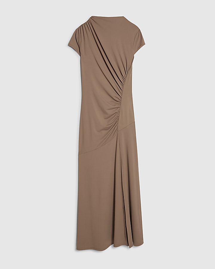 beige manica corta collo alto abito maxi