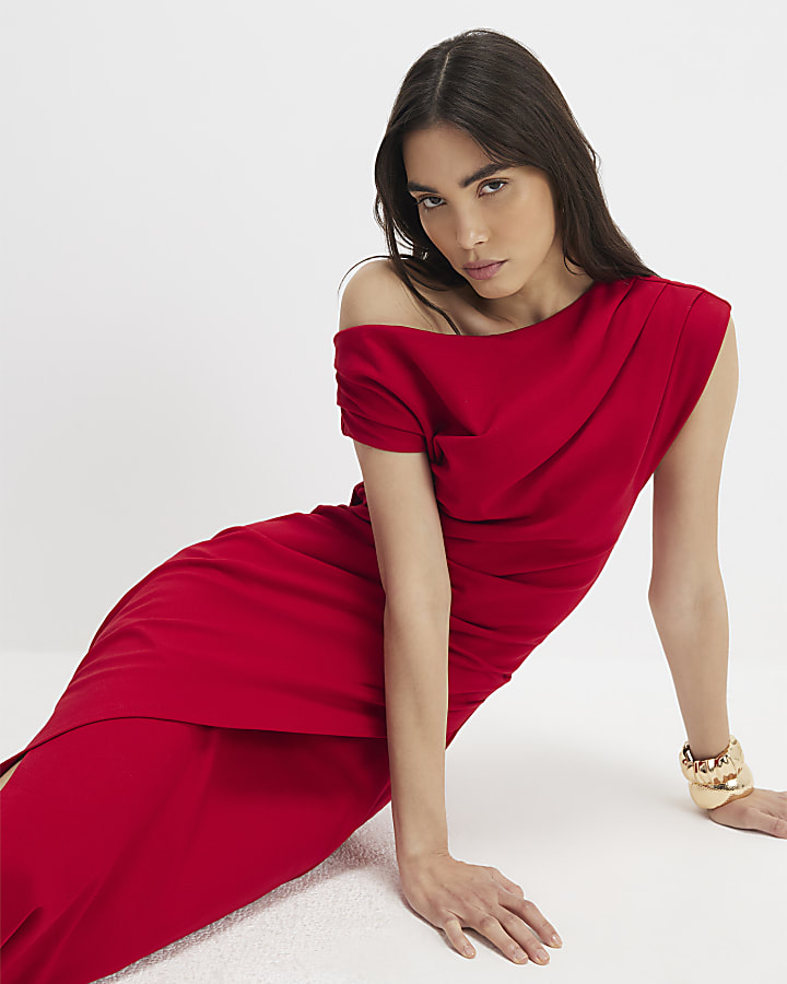 stretch rosso drappeggiato midi dress