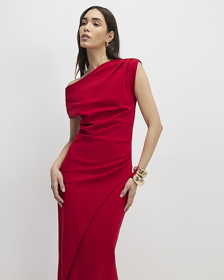 stretch rosso drappeggiato midi dress