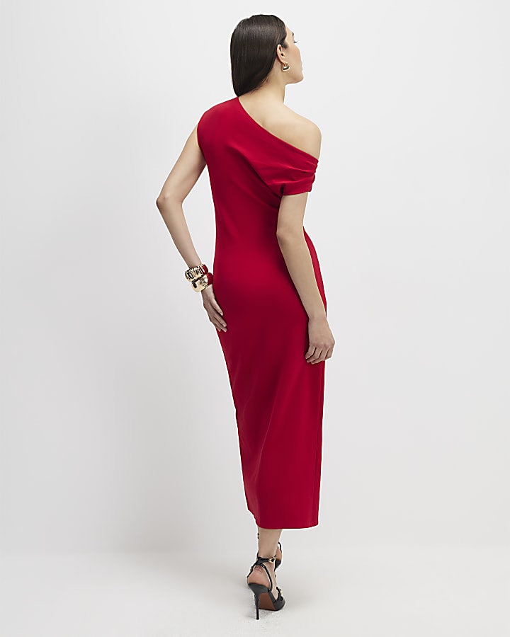 stretch rosso drappeggiato midi dress