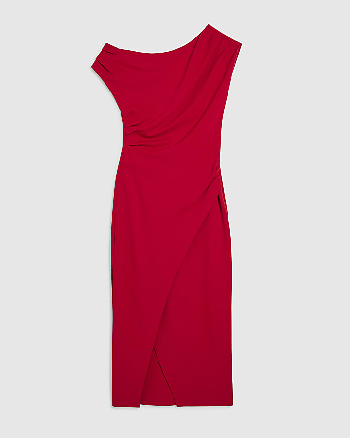 stretch rosso drappeggiato midi dress