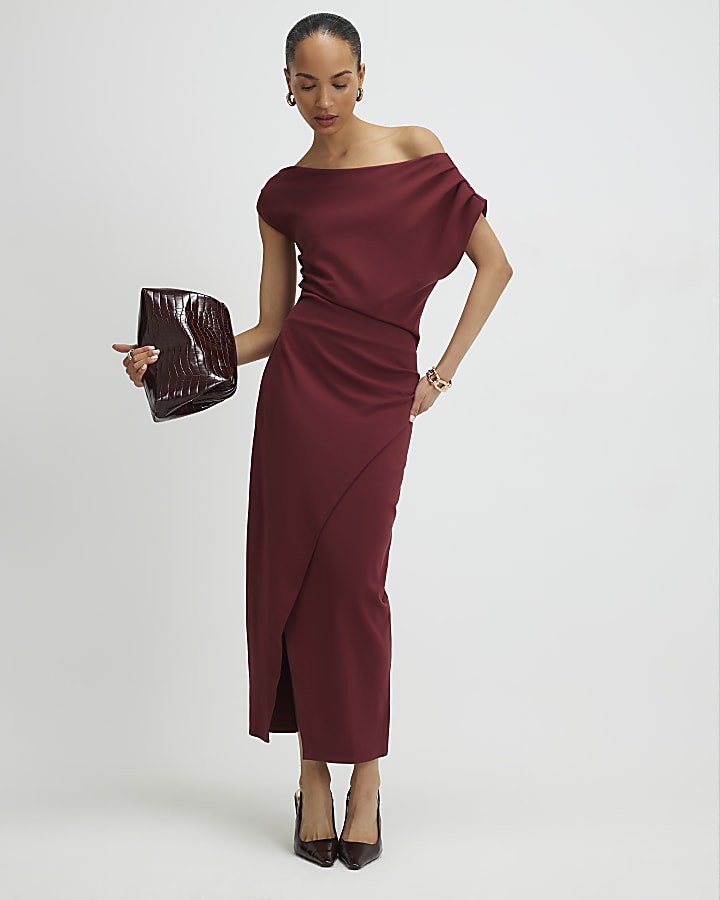 stretch rosso drappeggiato midi dress