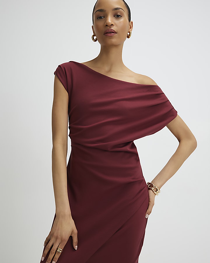 stretch rosso drappeggiato midi dress