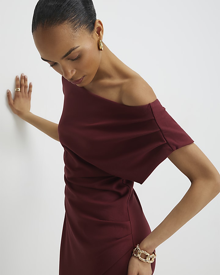 stretch rosso drappeggiato midi dress