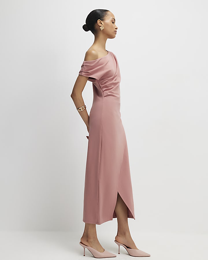 stretch rosa drappeggiato midi dress