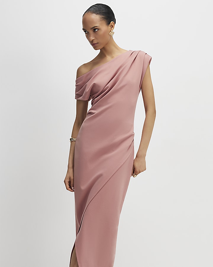 stretch rosa drappeggiato midi dress