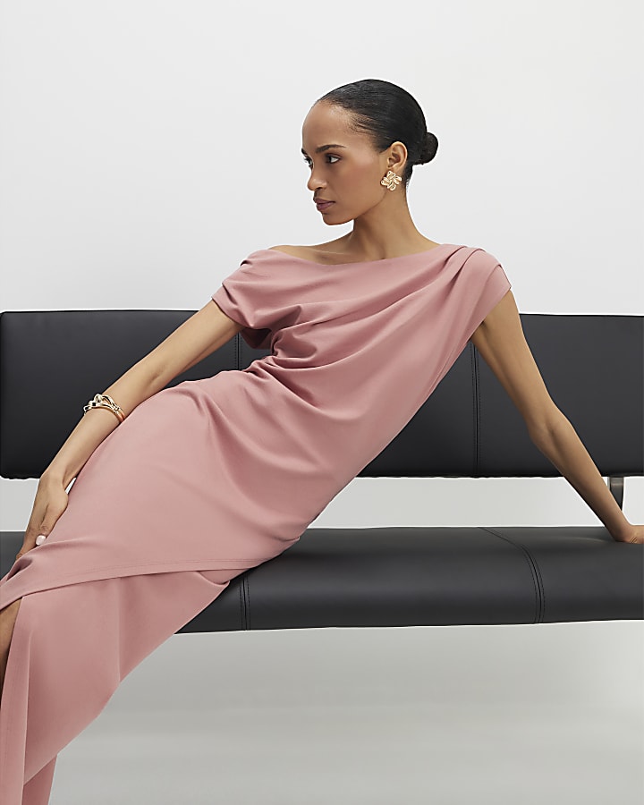 stretch rosa drappeggiato midi dress