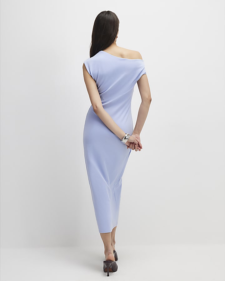 blue stretch drappeggiato midi dress