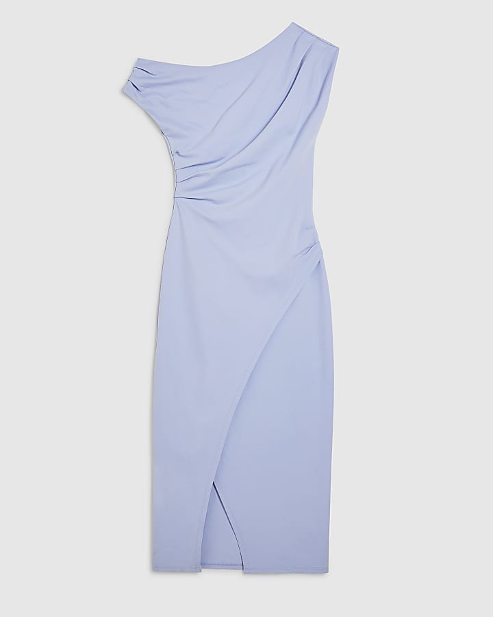 blue stretch drappeggiato midi dress